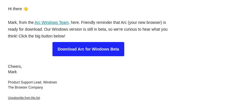 Письмо компании «Арк» на тему «Reminder: Your new browser is ready to download!»