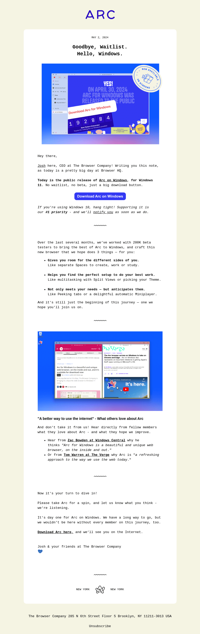Письмо компании «Арк» на тему «Arc on Windows - Available for Download Today»