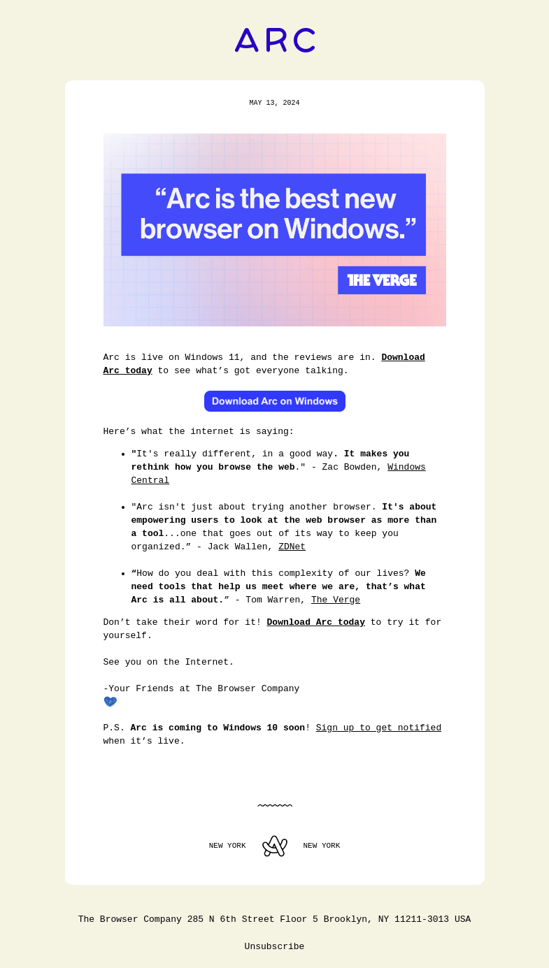 Письмо компании «Арк» на тему «“Arc is the best new browser on Windows” - The Verge»