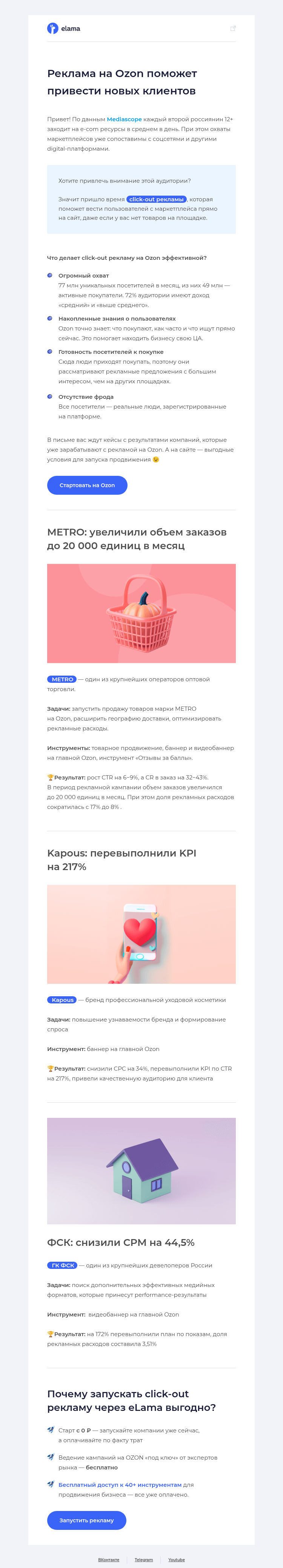 Письмо компании «Elama» на тему «Повышаем CTR, снижаем CPM и перевыполняем KPI 🏆»