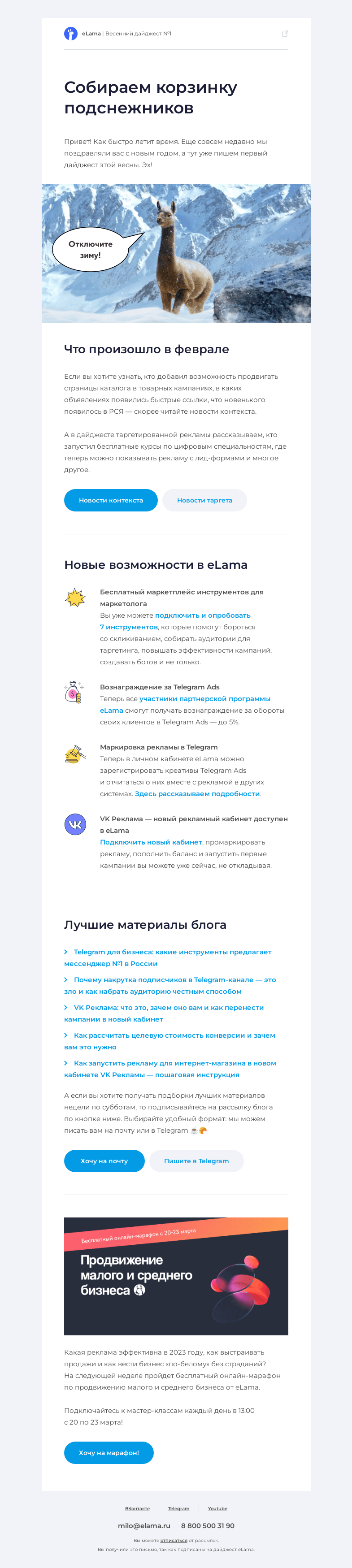 Письмо компании «Elama» на тему «⛄️ В дайджесте настойчиво провожаем зиму»