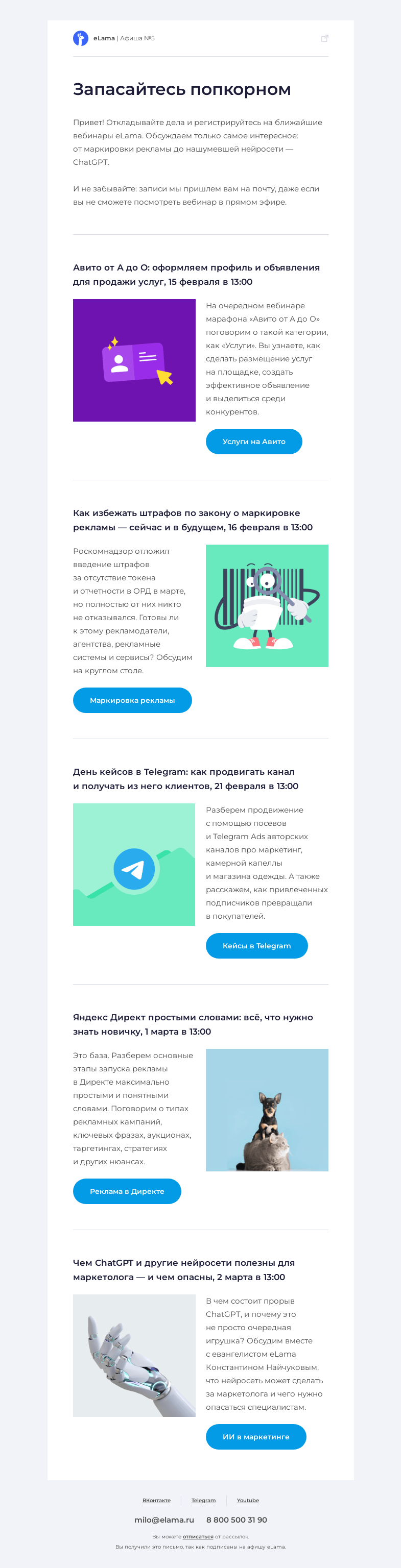 Письмо компании «Elama» на тему «🍿 Захватывающие вебинары в нашей подборке»