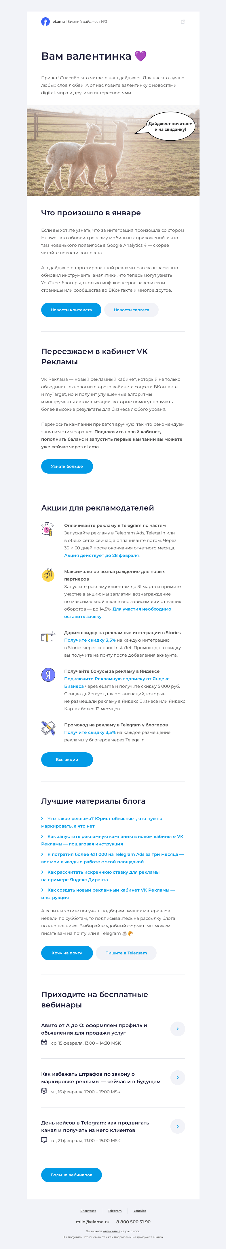 Письмо компании «Elama» на тему «💜 Дайджест новостей лучше любой валентинки»