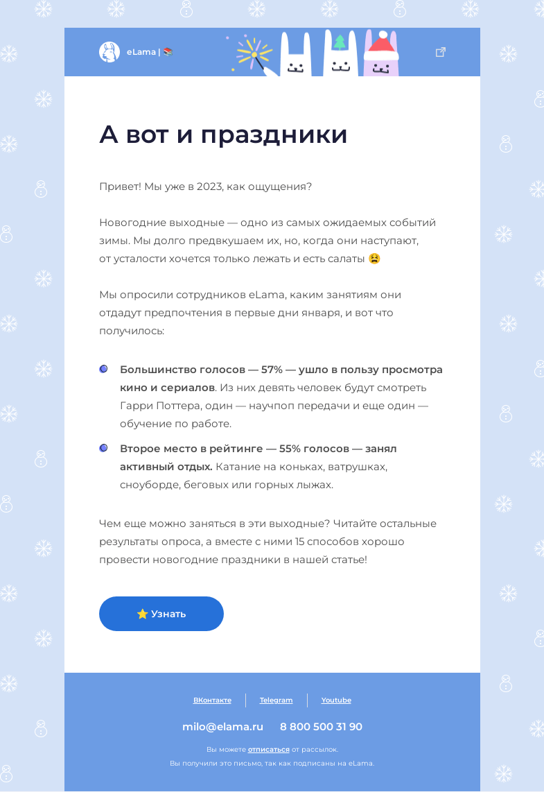 Письмо компании «Elama» на тему «🍊 Как провести новогодние выходные?»