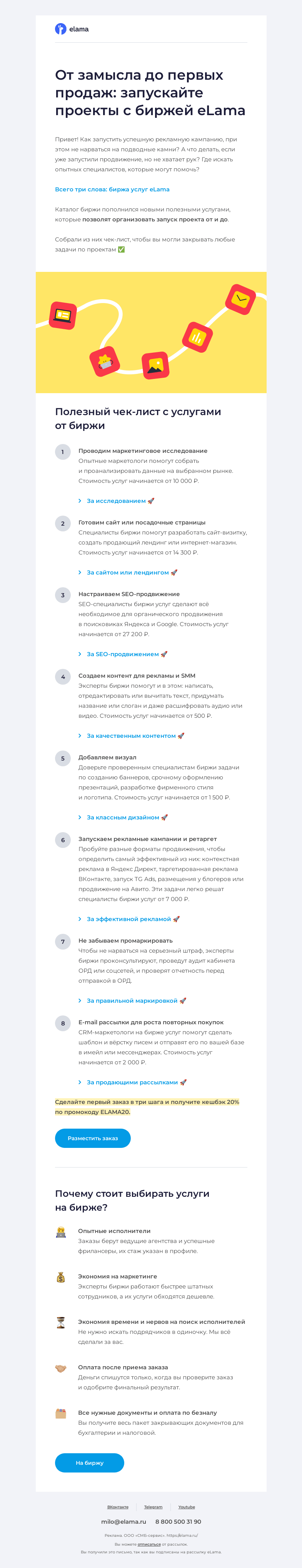 Письмо компании «Elama» на тему «Как запустить успешный проект с нуля?»