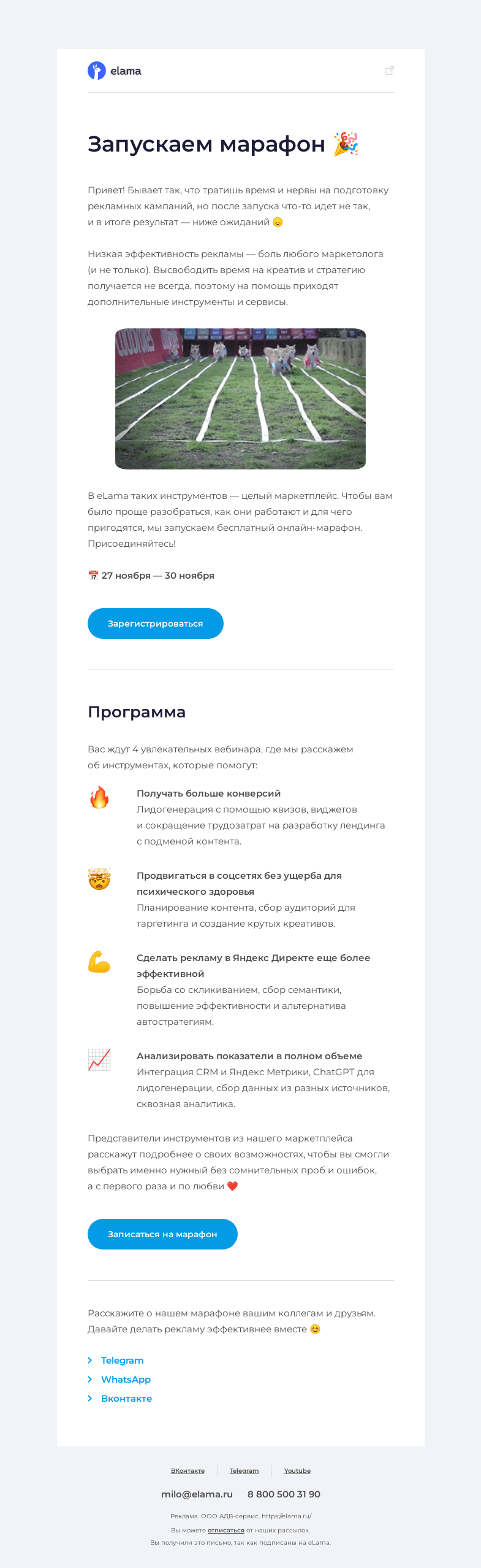 Письмо компании «Elama» на тему «На старт, внимание, марш 📣»