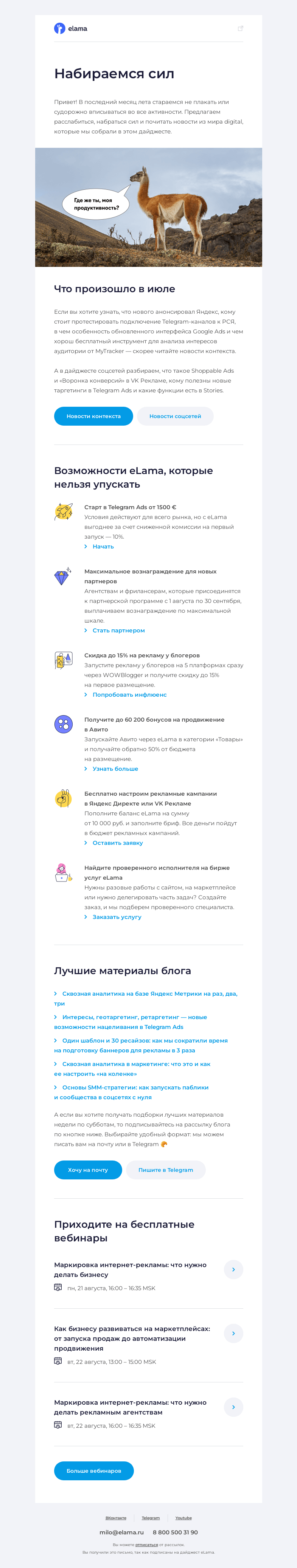 Письмо компании «Elama» на тему «Что происходит в мире digital 🦙»