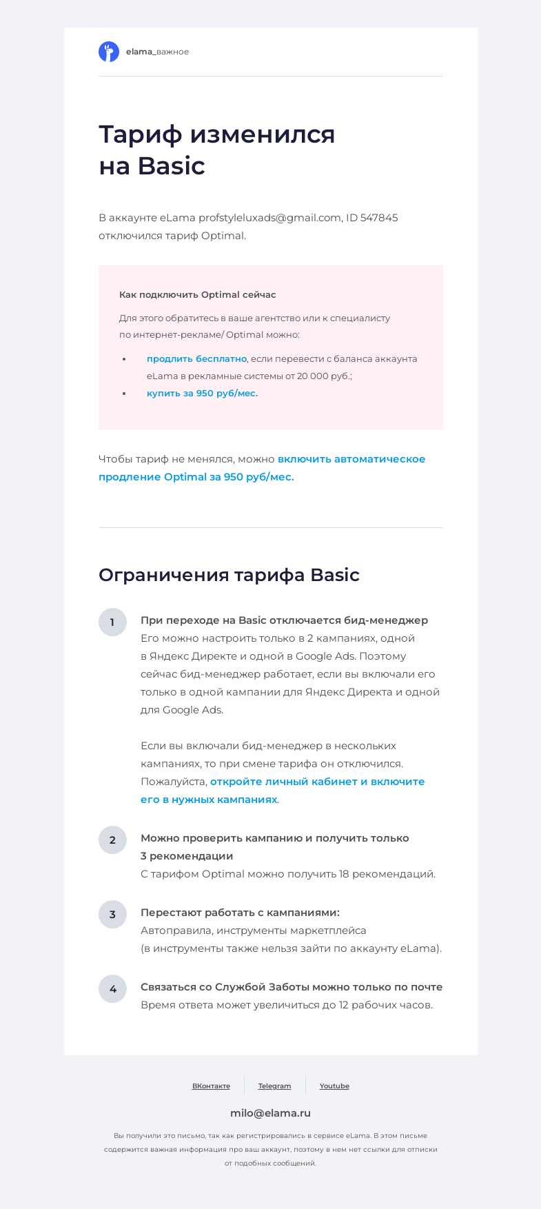 Письмо компании «Elama» на тему «Тариф изменился на Basic»
