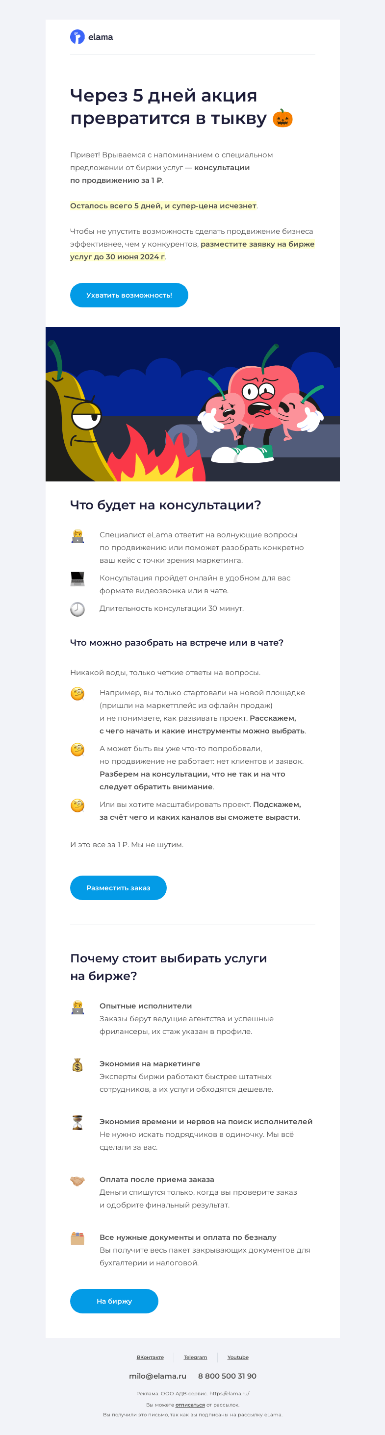 Письмо компании «Elama» на тему «Осталось 5 дней..😱»
