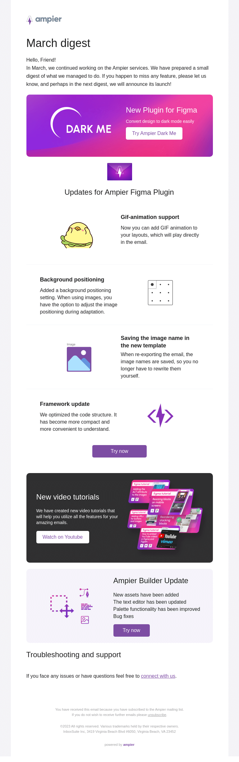 Письмо компании «Ampier» на тему «March Updates: New Features and Improvements»