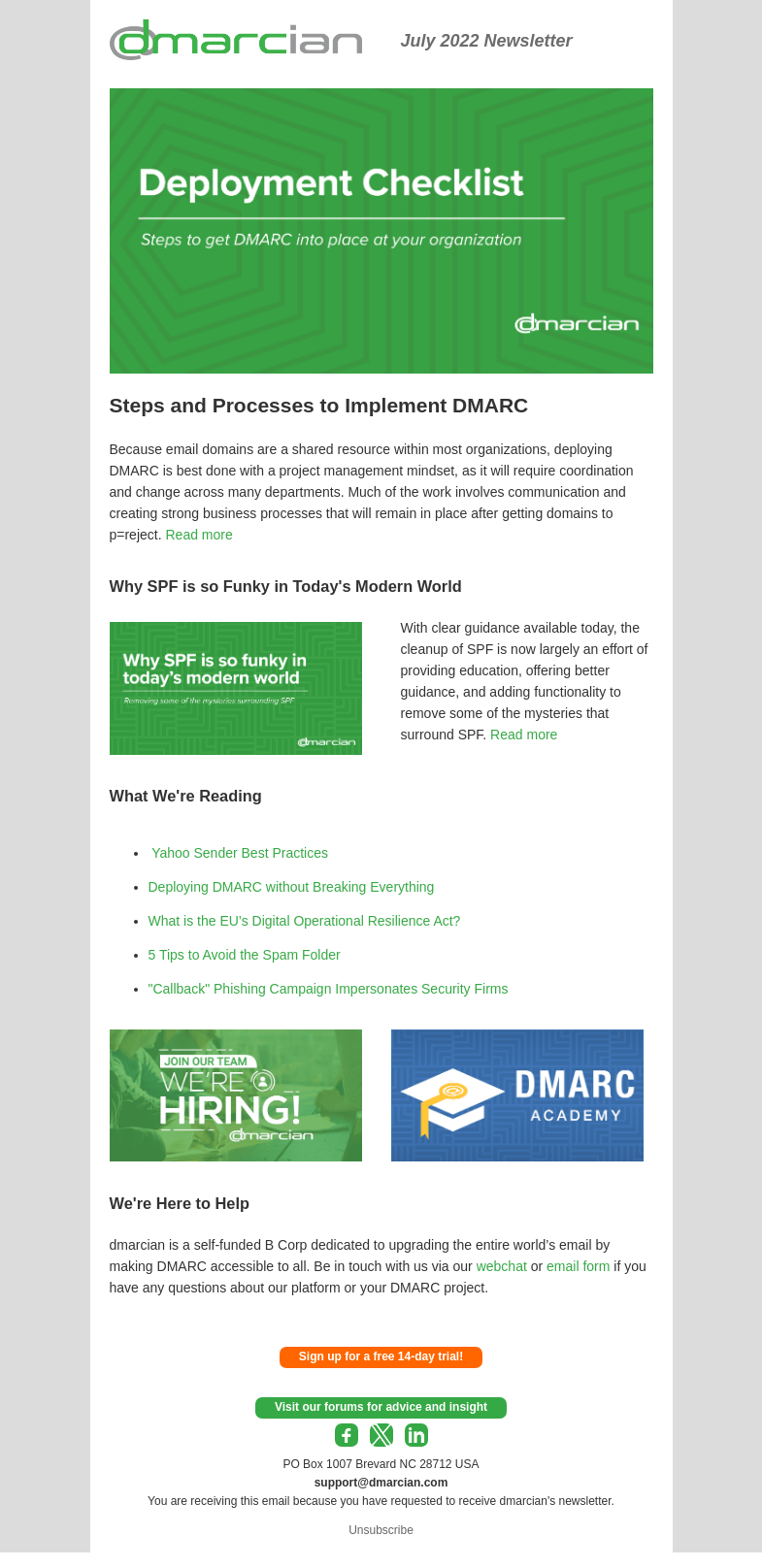 Письмо компании «dmarcian» на тему «DMARC Deployment Checklist»