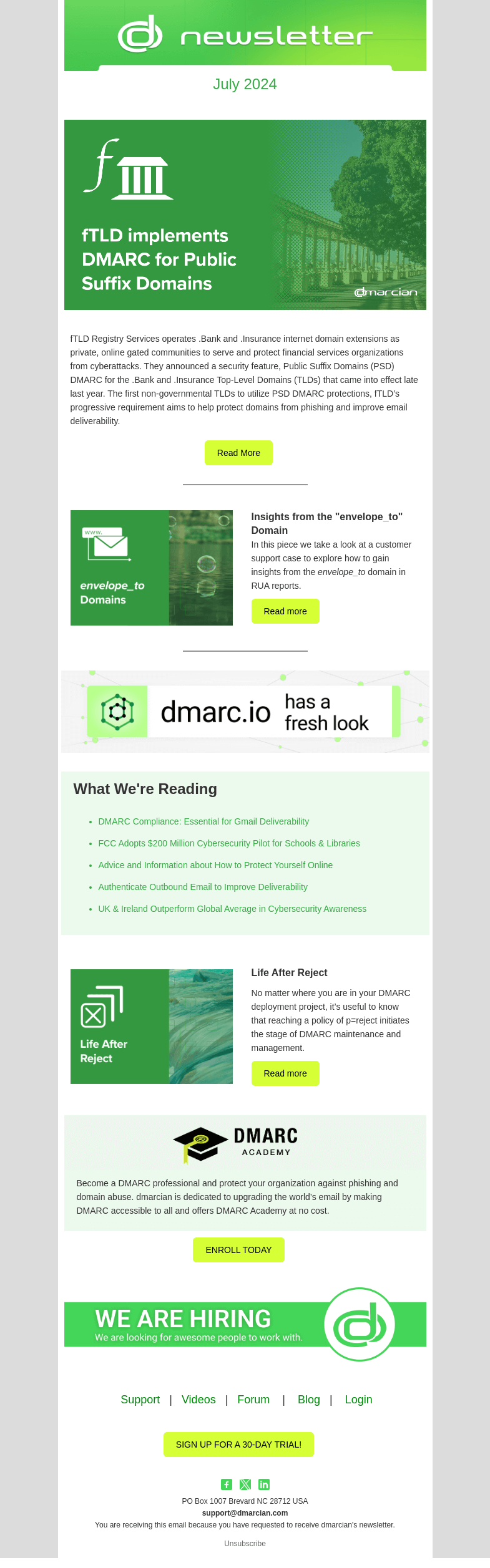 Письмо компании «dmarcian» на тему «fTLD implements DMARC for Public Suffix Domains»
