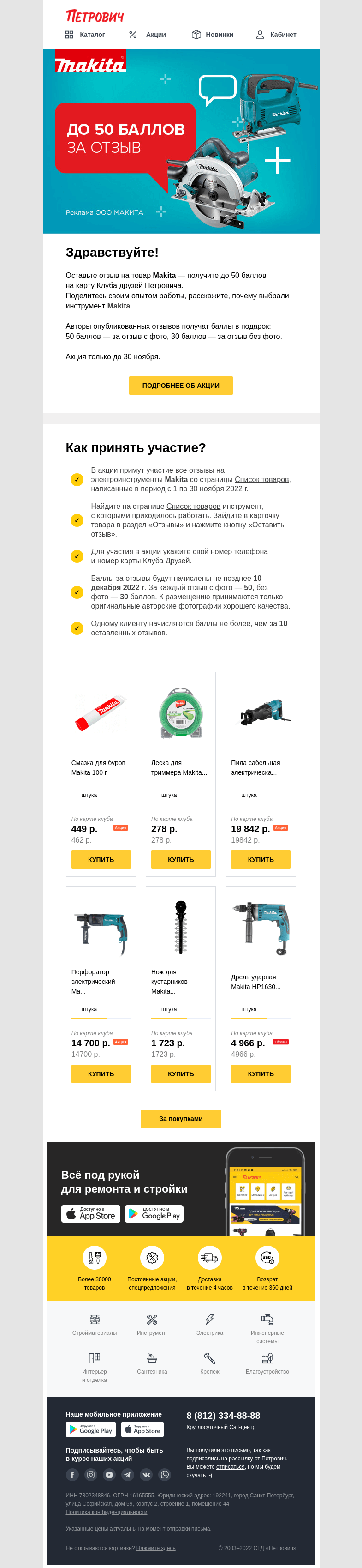 Письмо компании «Петрович» на тему «До 50 баллов за отзыв на Makita 😉»