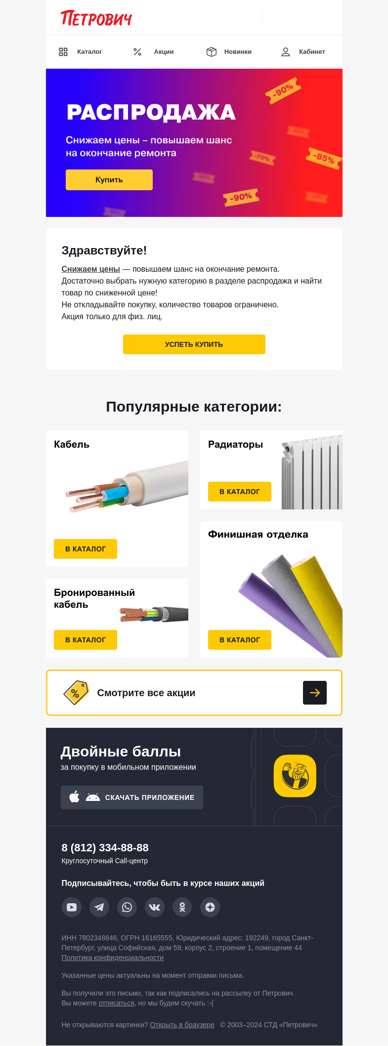 Письмо компании «Петрович» на тему «Разгар распродажи в «Петровиче» 🤩»