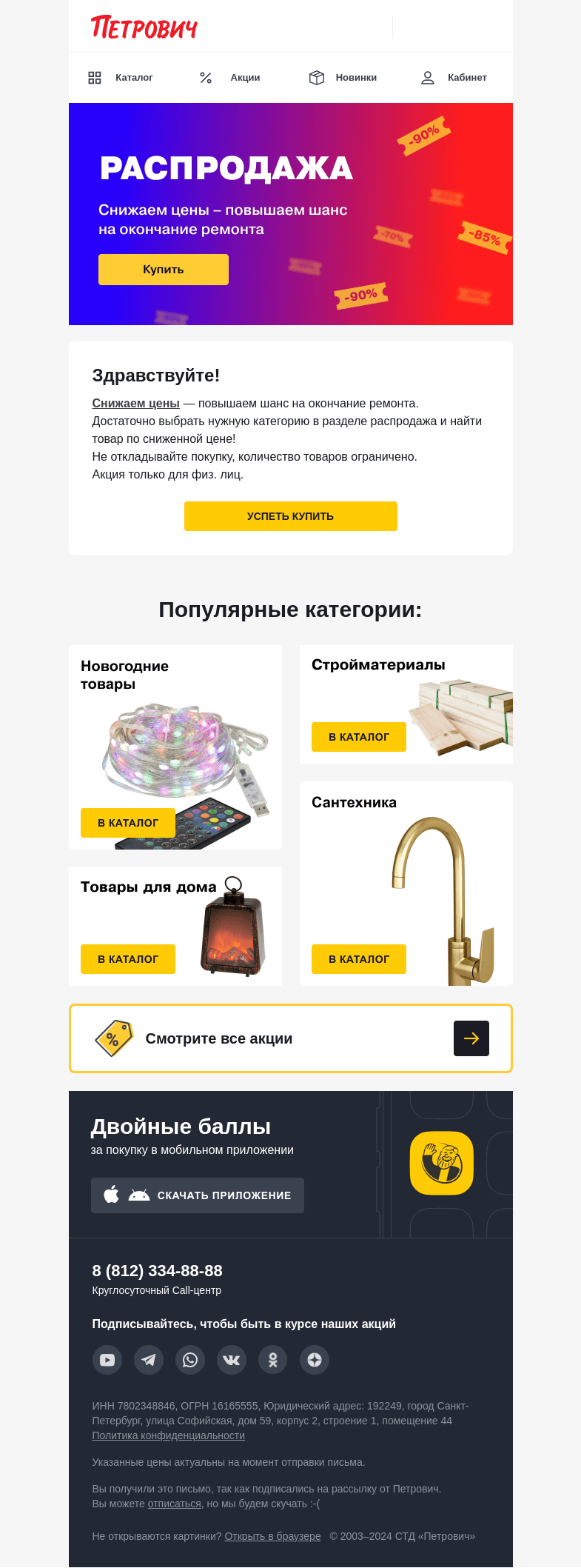 Письмо компании «Петрович» на тему «Разгар распродажи в «Петровиче» ⚡»
