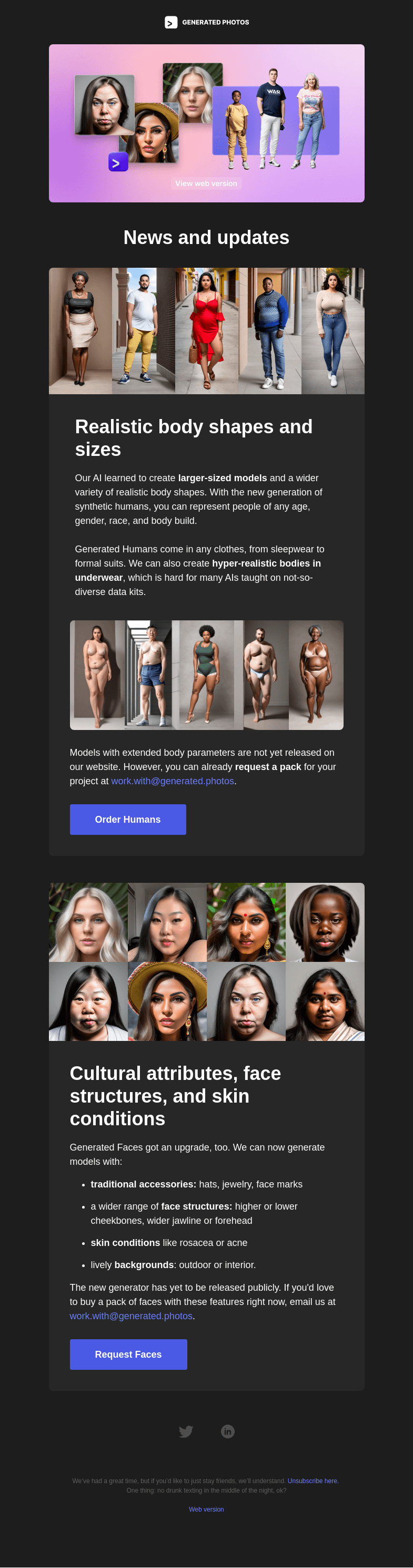 Письмо компании «Generated Photos» на тему «Larger-bodied models; major faces upgrade»