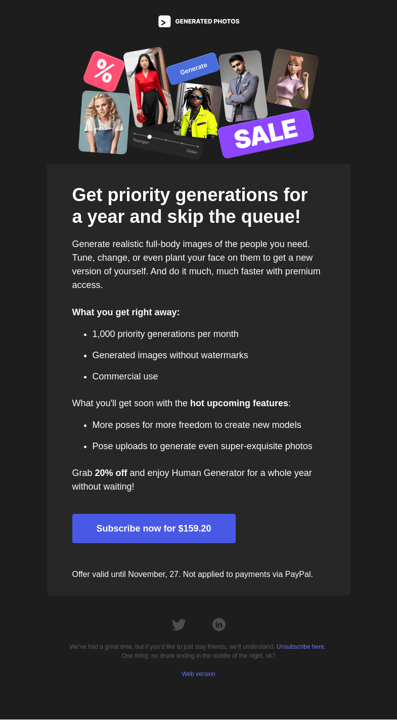 Письмо компании «Generated Photos» на тему «Upgrade Human Generator to premium and save 20%»