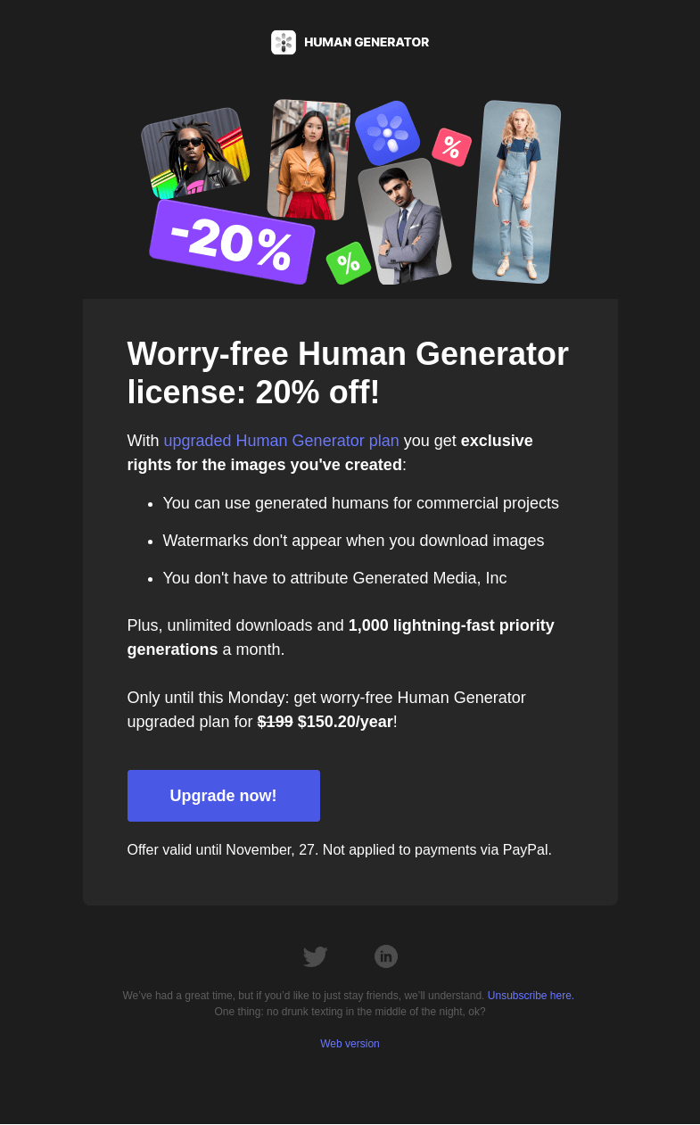 Письмо компании «Generated Photos» на тему «Worry-free Human Generator for business: 20% off 💼»
