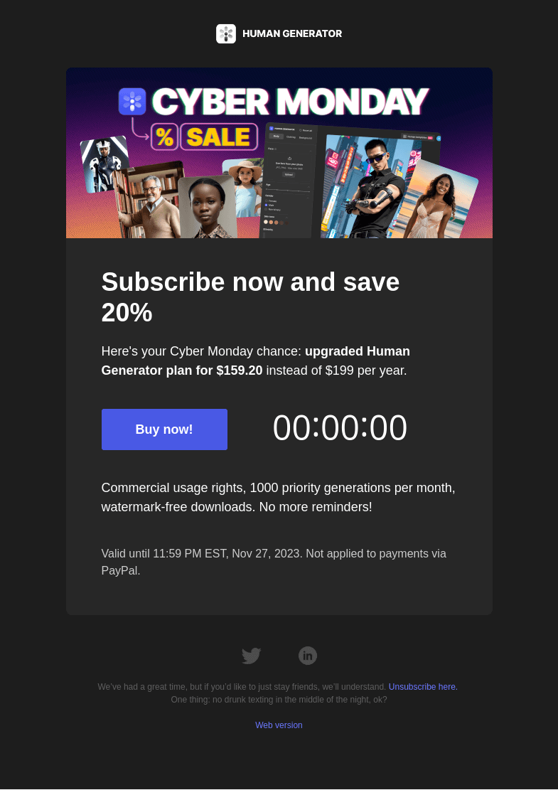 Письмо компании «Generated Photos» на тему «Last chance to get 20% off!»