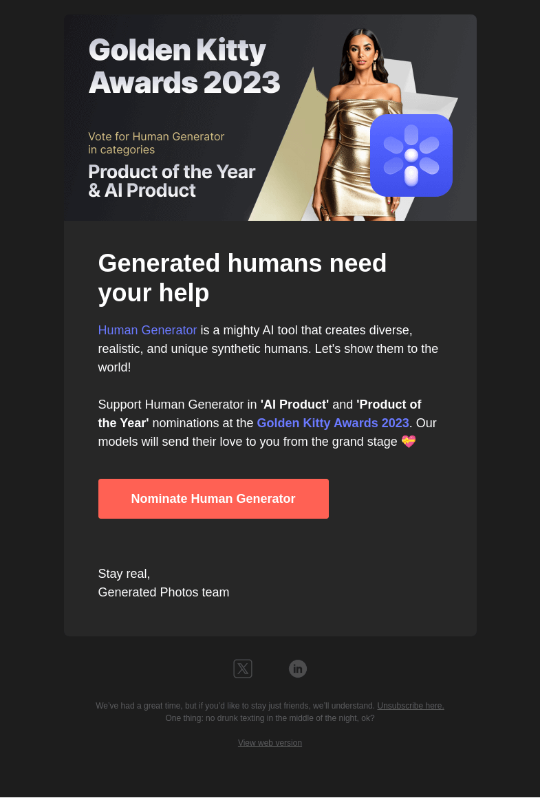 Письмо компании «Generated Photos» на тему «Will synthetic humans hit the red carpet?💃»