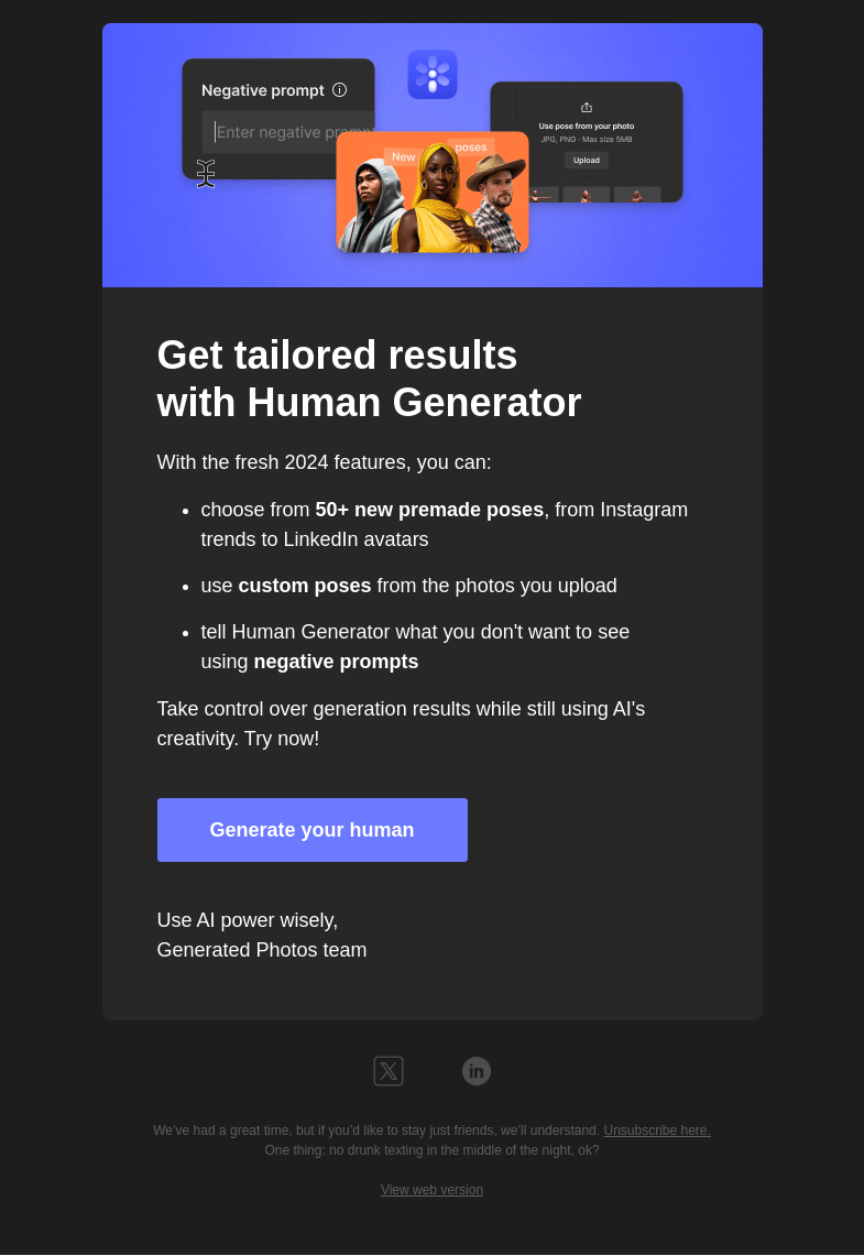 Письмо компании «Generated Photos» на тему «Take control over generative AI 🔒»