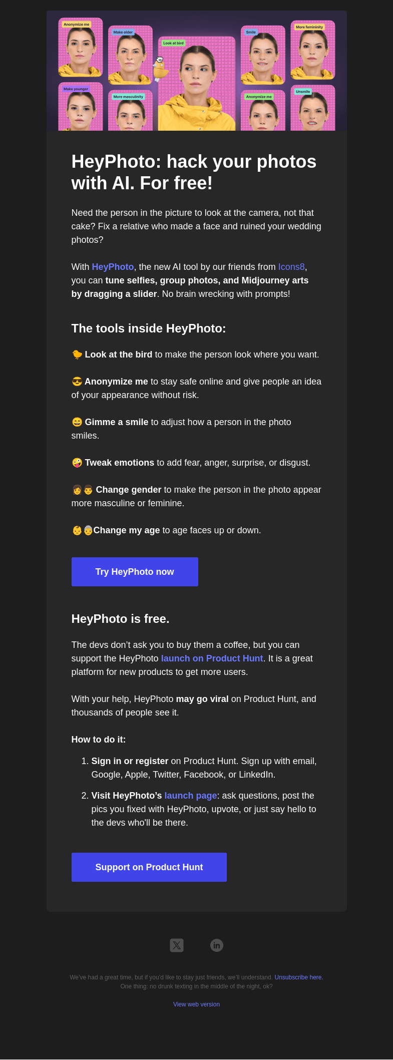 Письмо компании «Generated Photos» на тему «🐤 Meet HeyPhoto, free AI tool for tuning faces»