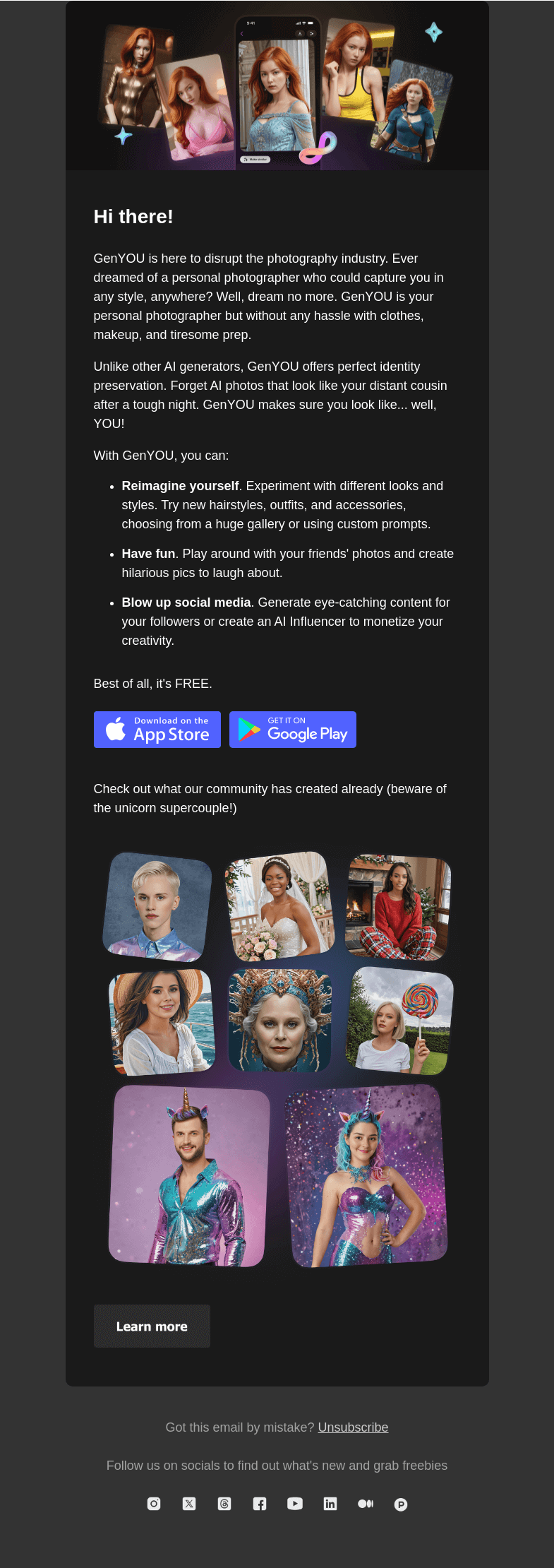 Письмо компании «Generated Photos» на тему «📸  1M+ photos with the same face. Any face!»