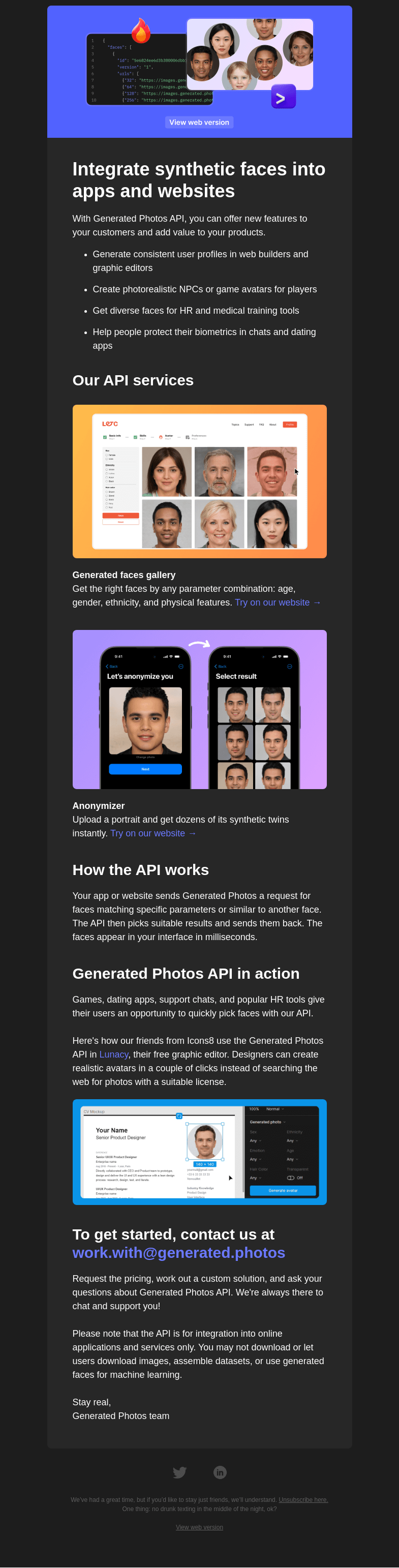 Письмо компании «Generated Photos» на тему «📈 Power up your product with 2.6M+ generated faces»