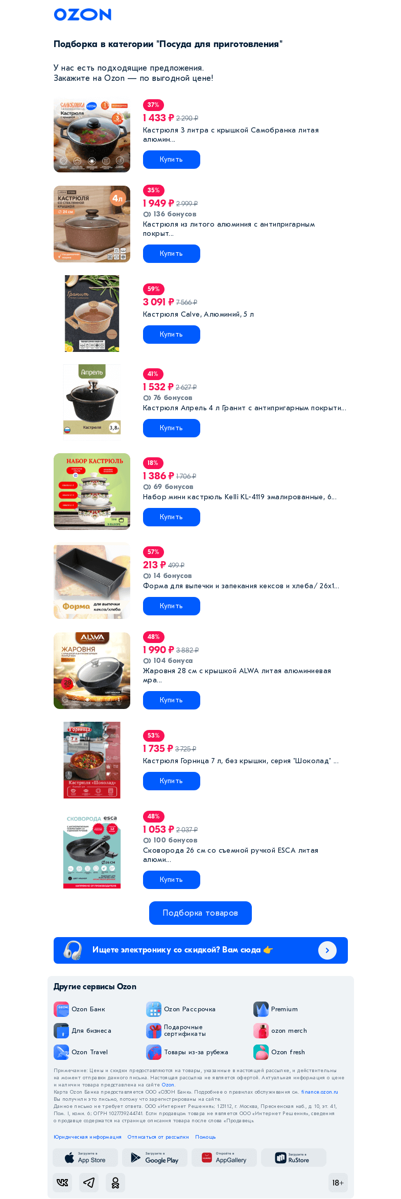 Письмо компании «Ozon» на тему «Вы интересовались категорией «Посуда для приготовления»»