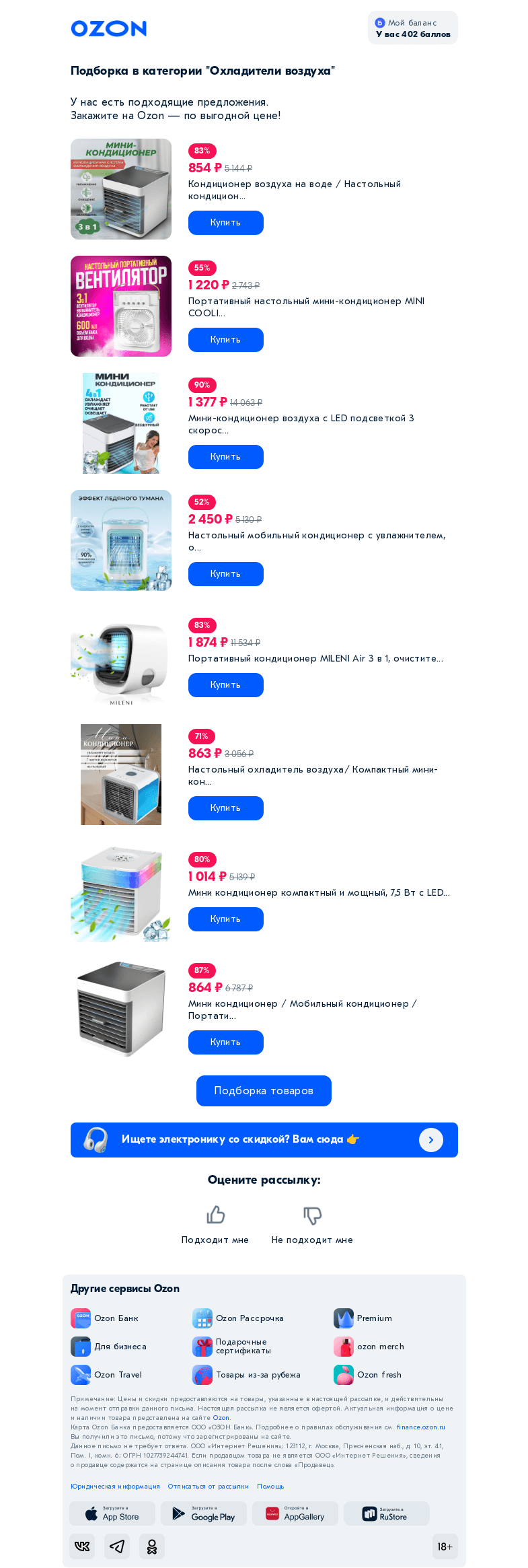 Письмо компании «Ozon» на тему «Вы интересовались категорией «Охладители воздуха»»