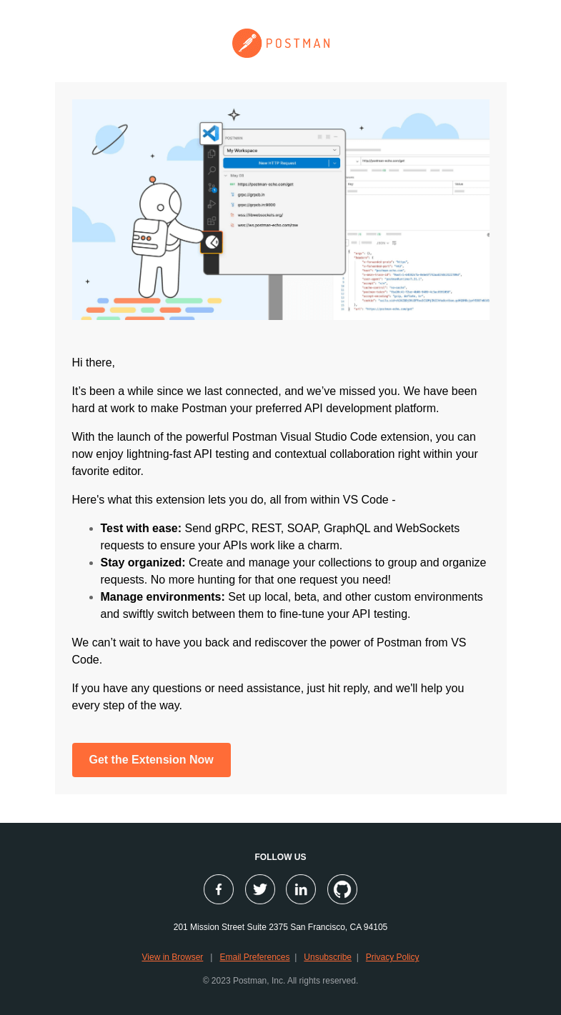 Письмо компании «Postman» на тему «Postman + VS Code: Your New Superpower Awaits»