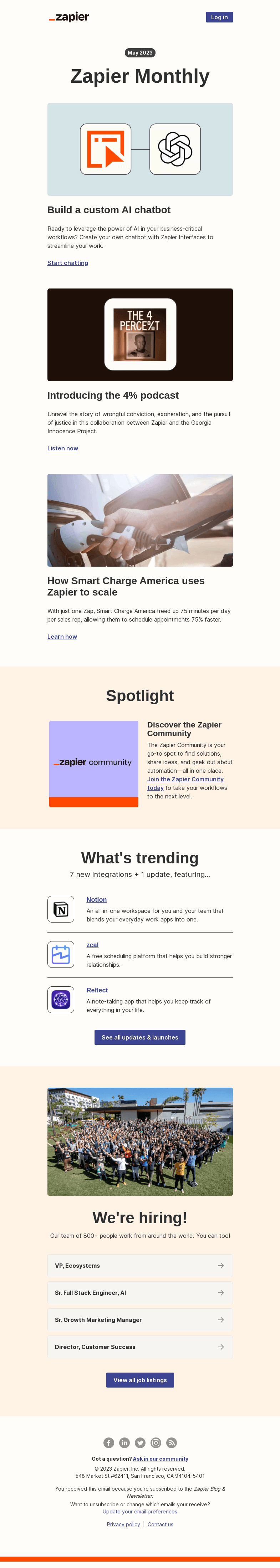 Письмо компании «Zapier» на тему «Build a custom AI chatbot, Zapier's new podcast, and more»