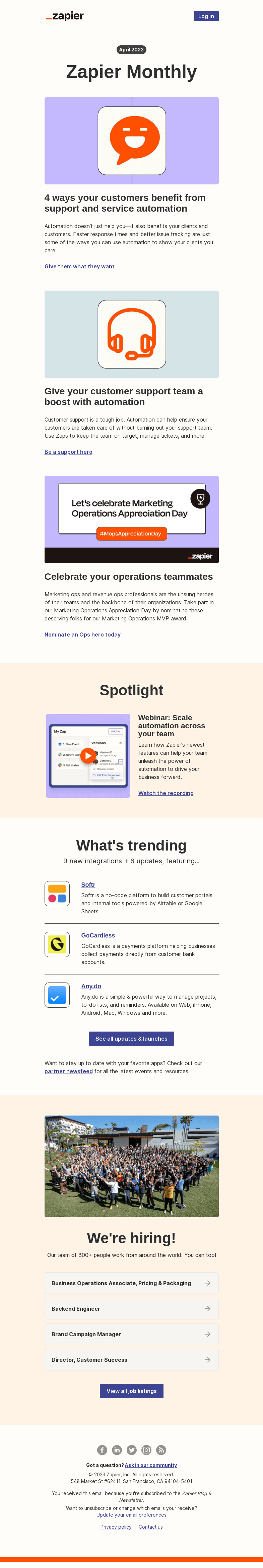Письмо компании «Zapier» на тему «Automate your customer support, 6 updates, and 9 new apps»