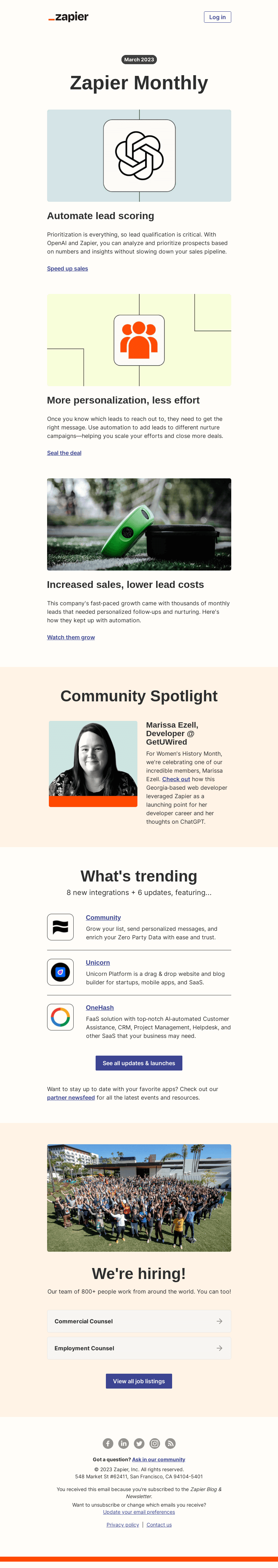 Письмо компании «Zapier» на тему «Supercharge your lead management, 6 updates, and 8 new apps»