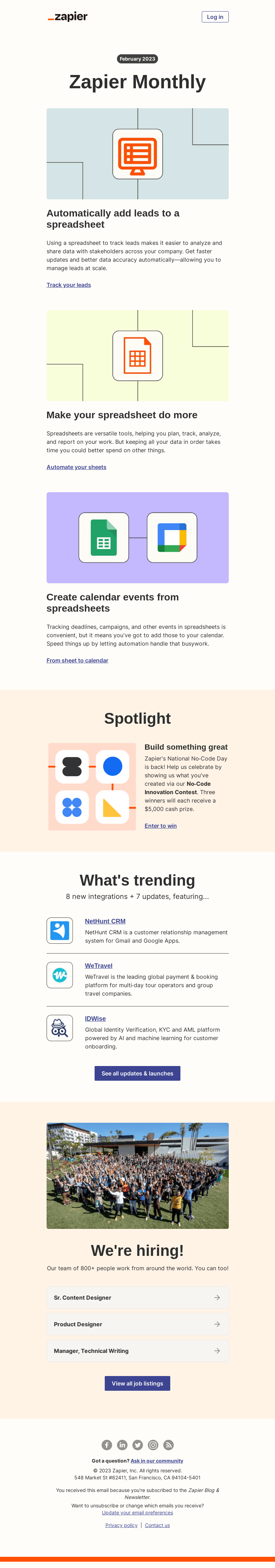 Письмо компании «Zapier» на тему «Get more from your spreadsheets, 7 updates, and 8 new apps»