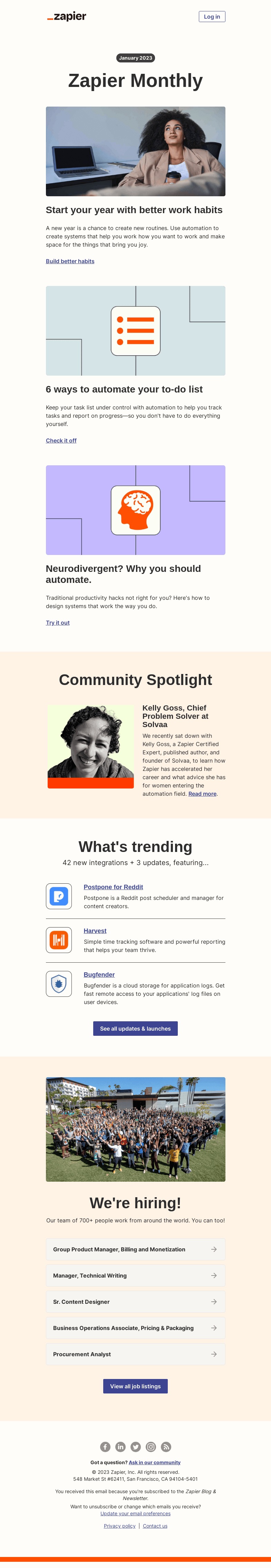 Письмо компании «Zapier» на тему «New in January: Automate your life (and work), 3 updates, and 42 new apps»