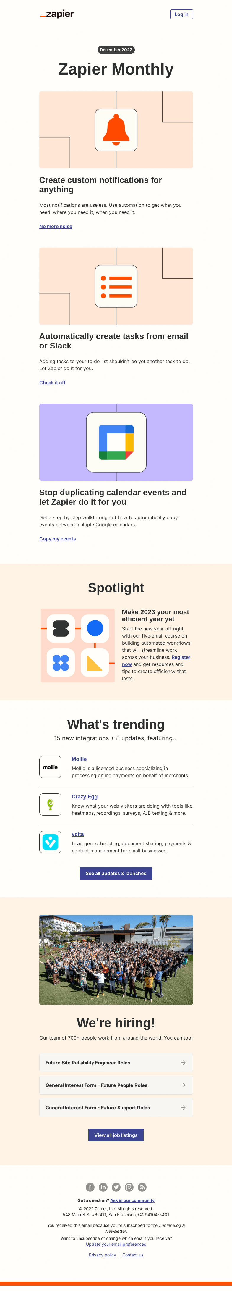 Письмо компании «Zapier» на тему «New in December: 3 ways Zapier can improve how you work, 8 updates, and 15 new apps»