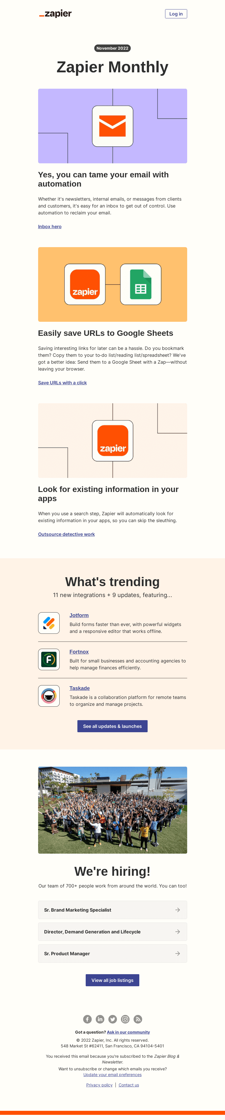 Письмо компании «Zapier» на тему «New in November: Get your inbox under control, 9 updates, and 11 new apps»