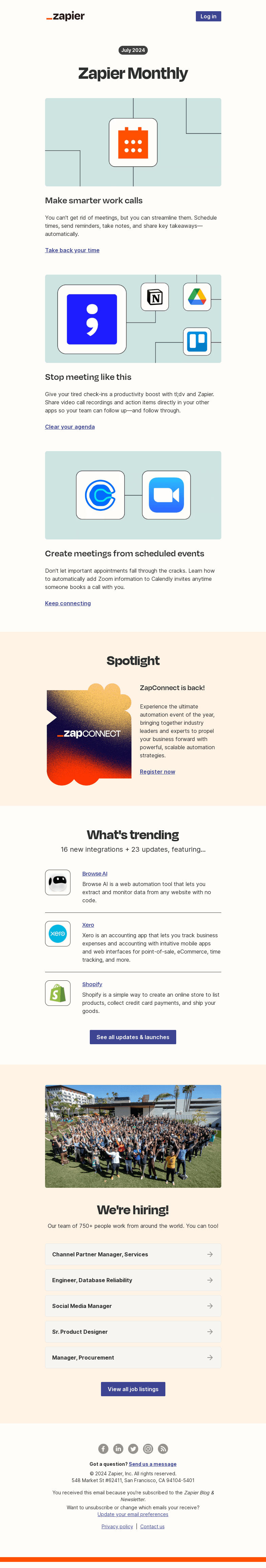 Письмо компании «Zapier» на тему «Give your meetings a makeover with automation, 23 updates, and 16 new apps»