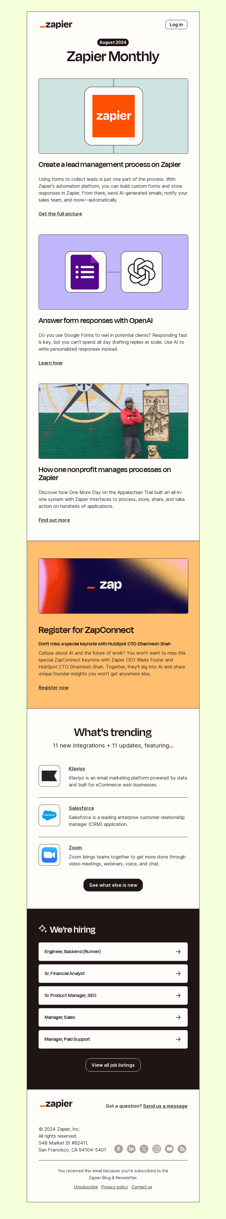 Письмо компании «Zapier» на тему «Create a custom lead management system, 11 updates, and 11 new apps»