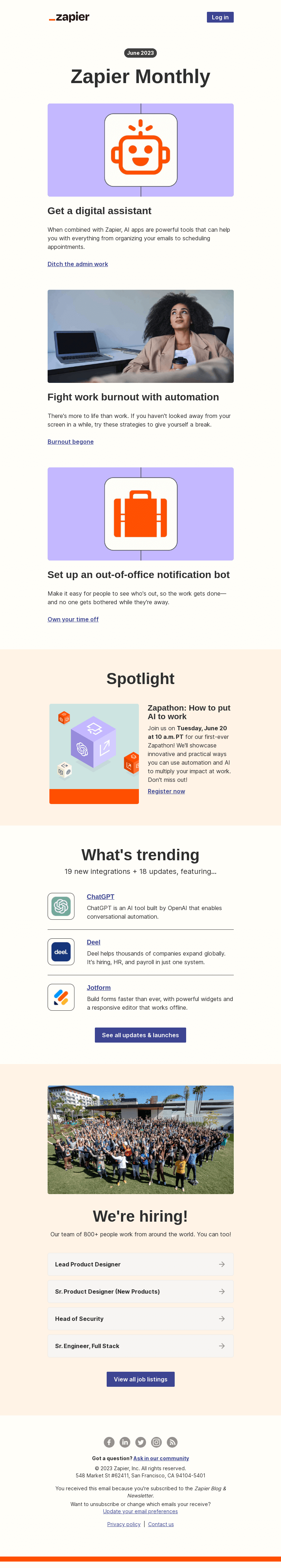 Письмо компании «Zapier» на тему «Create an AI digital assistant, 18 updates, and 19 new apps»