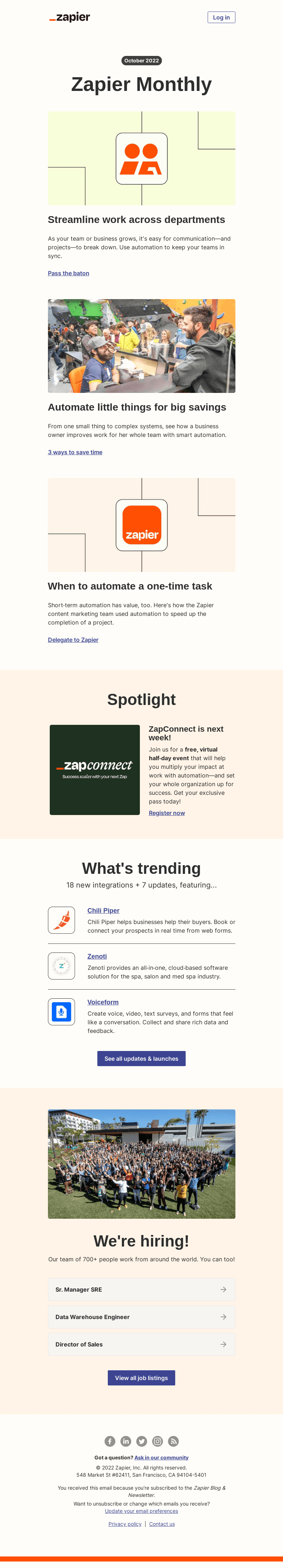 Письмо компании «Zapier» на тему «New in October: Automation ideas for you and your business, 7 updates, and 18 new apps»