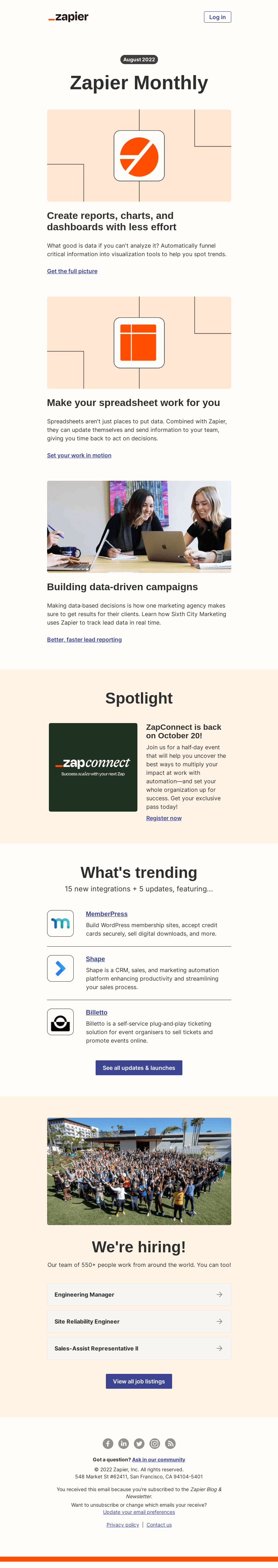 Письмо компании «Zapier» на тему «New in August: Become a data wizard, 5 updates, and 15 new apps»