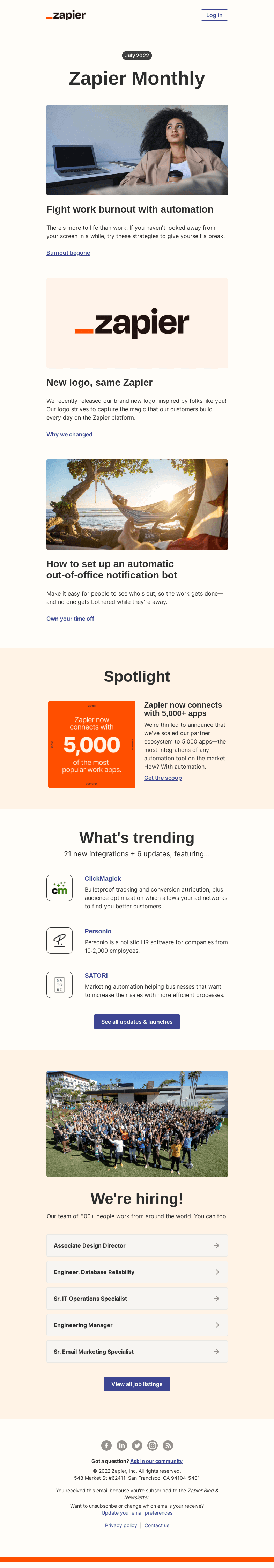 Письмо компании «Zapier» на тему «New in July: Stress less with these healthy work habits and vacation tips, 6 updates, and 21 new apps»