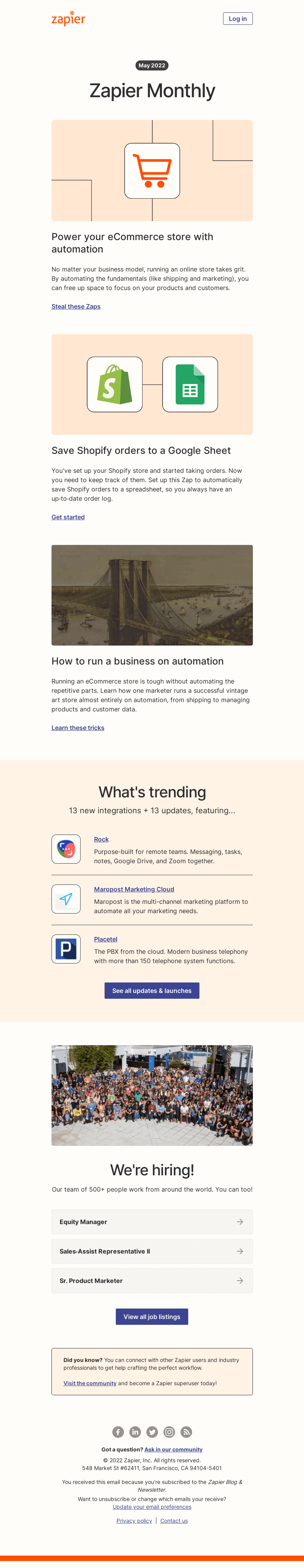 Письмо компании «Zapier» на тему «New in May: Automate your eCommerce store, 13 updates, and 13 new apps»