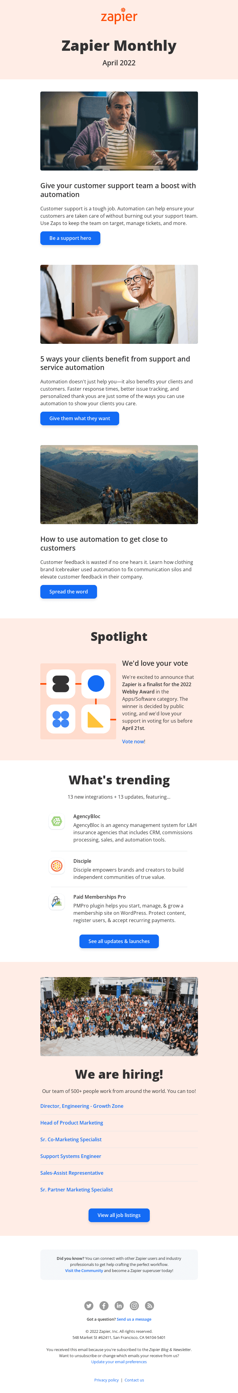 Письмо компании «Zapier» на тему «New in April: Automate your customer support, 13 updates, and 13 new apps»