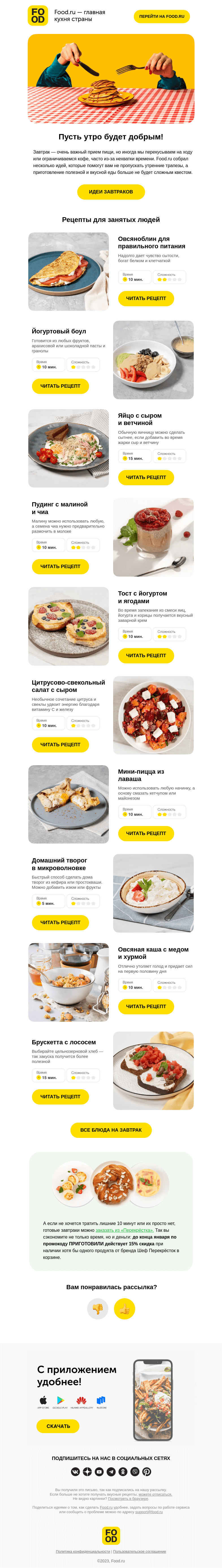Письмо компании «FOOD.RU» на тему «Рецепты завтраков для занятых людей 🍳💼»