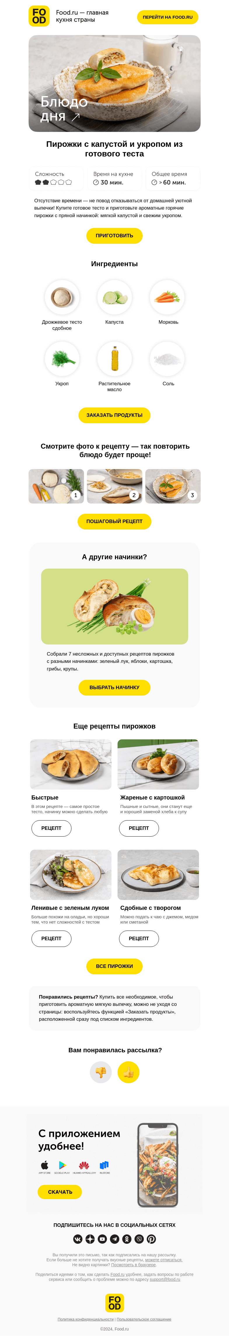 Письмо компании «FOOD.RU» на тему «Блюдо дня: ароматные пирожки с капустой и укропом 😋»