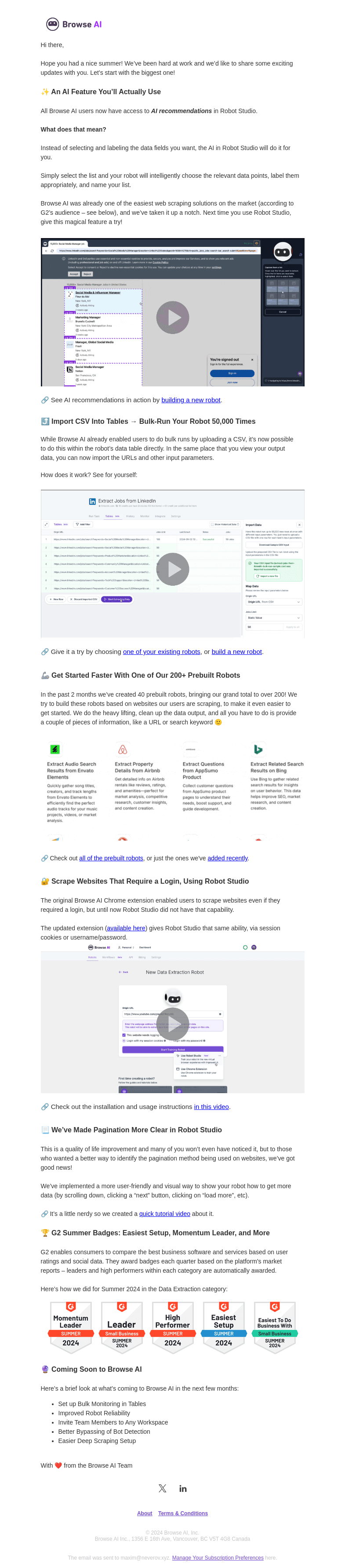 Письмо компании «Browse AI» на тему «New! AI Recommendations, Import CSVs to Tables, and More!»