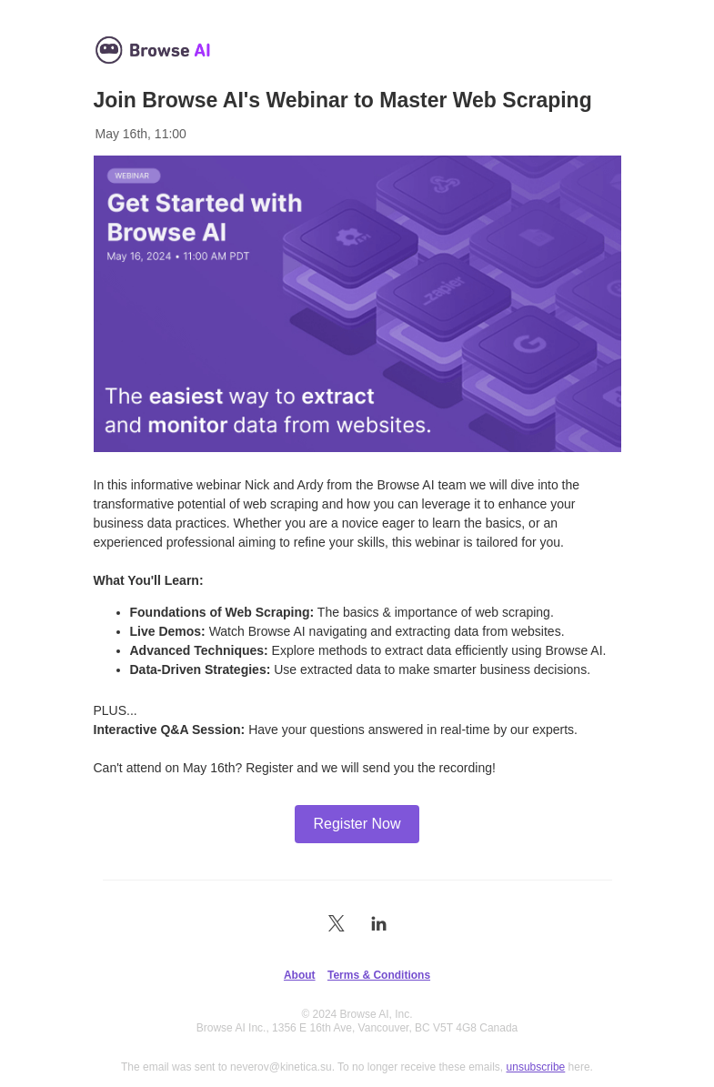 Письмо компании «Browse AI» на тему «Join Browse AI's Webinar to Master Web Scraping»